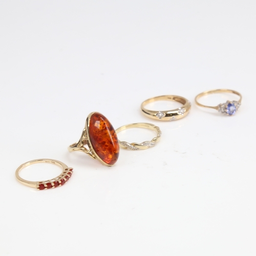 1396 - 5 9ct gold stone set rings, gemstones include amber and diamond, sizes L x 2, N, P x 2, 9.4g total (... 