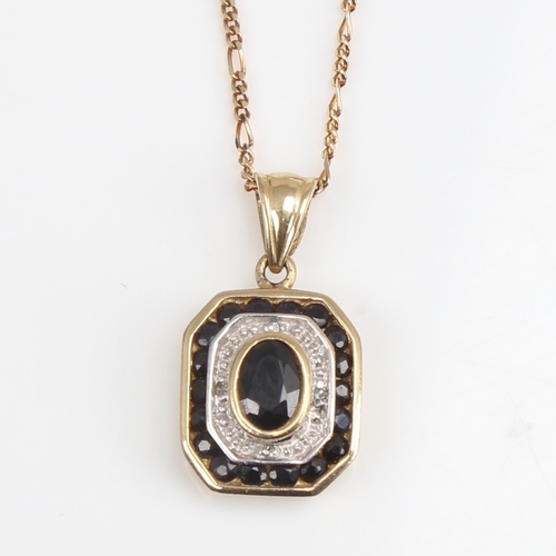 1399 - A modern 9ct gold sapphire and diamond pendant necklace, on 9ct trace figaro link chain, pendant hei... 