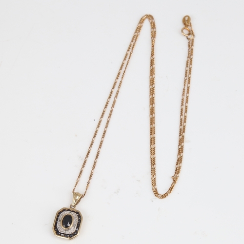 1399 - A modern 9ct gold sapphire and diamond pendant necklace, on 9ct trace figaro link chain, pendant hei... 