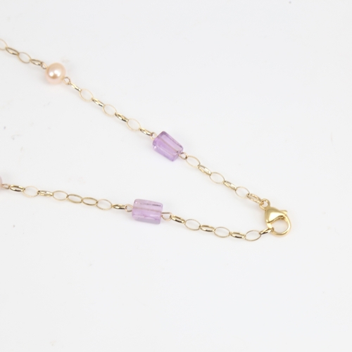 1401 - A modern 9ct gold amethyst and pearl necklace, necklace length 64cm, 11.5g