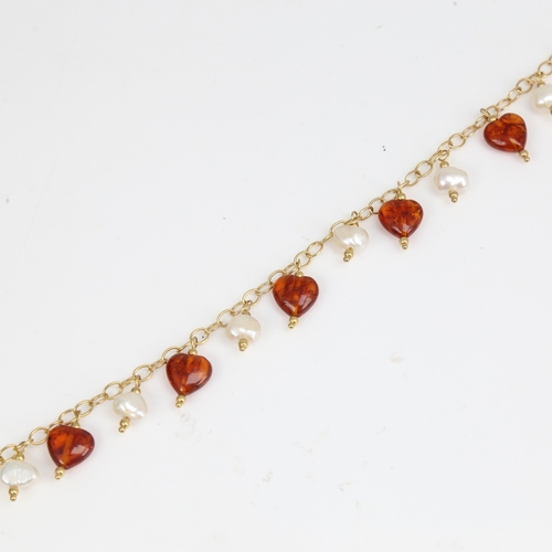 1402 - A modern 9ct gold amber and pearl drop bracelet, bracelet length 19cm, 6.3g