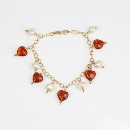 1402 - A modern 9ct gold amber and pearl drop bracelet, bracelet length 19cm, 6.3g