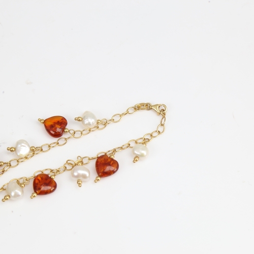 1402 - A modern 9ct gold amber and pearl drop bracelet, bracelet length 19cm, 6.3g