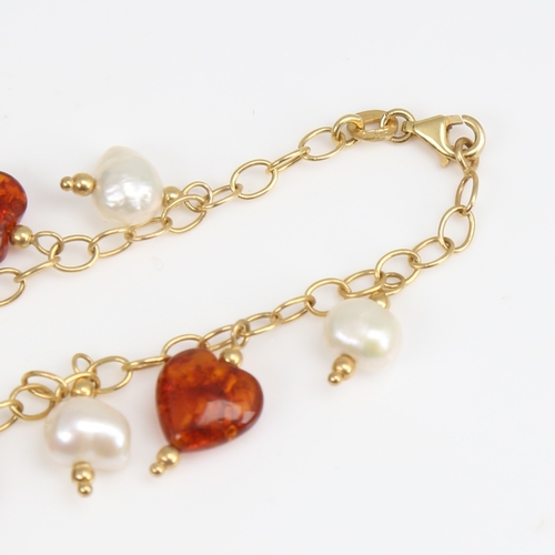 1402 - A modern 9ct gold amber and pearl drop bracelet, bracelet length 19cm, 6.3g