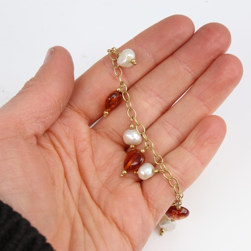 1402 - A modern 9ct gold amber and pearl drop bracelet, bracelet length 19cm, 6.3g