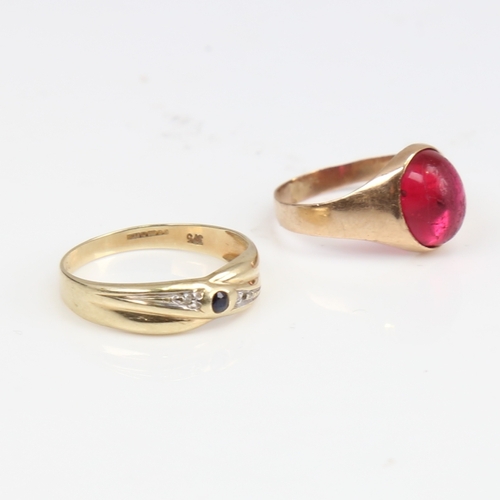 1404 - A modern 9ct gold sapphire and diamond ring, size O, 1.2g, and an unmarked gold cabochon pink stone ... 