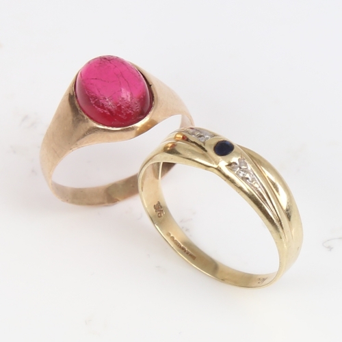 1404 - A modern 9ct gold sapphire and diamond ring, size O, 1.2g, and an unmarked gold cabochon pink stone ... 