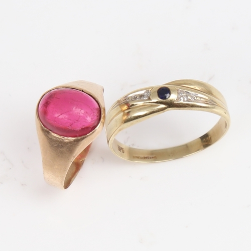 1404 - A modern 9ct gold sapphire and diamond ring, size O, 1.2g, and an unmarked gold cabochon pink stone ... 