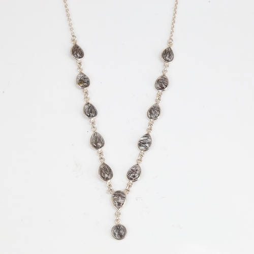 1407 - A modern Continental silver and rutilated quartz necklace, set with pear and round cabochon quartz, ... 