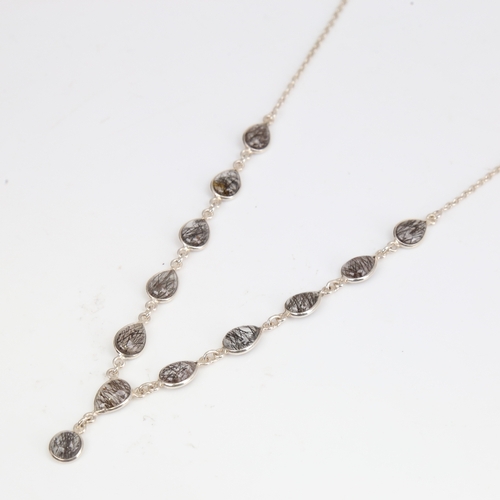 1407 - A modern Continental silver and rutilated quartz necklace, set with pear and round cabochon quartz, ... 