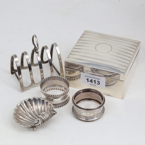 1413 - Various silver, including square cigarette box, shell salt, 5-bar toast rack etc, 3.6oz weighable (5... 