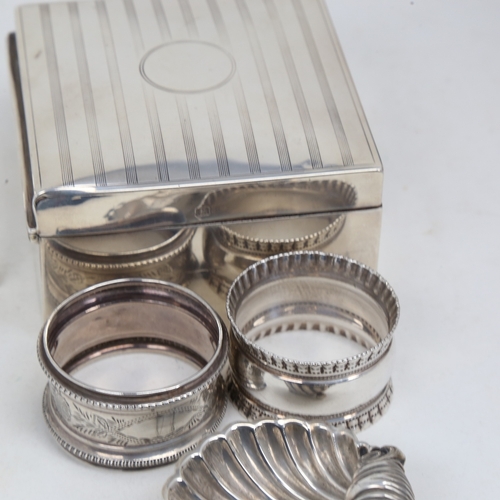 1413 - Various silver, including square cigarette box, shell salt, 5-bar toast rack etc, 3.6oz weighable (5... 