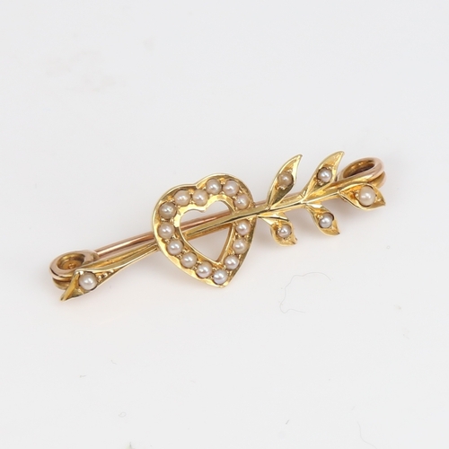 1414 - A Victorian unmarked gold and split-pearl heart and arrow brooch, brooch length 35.7mm, 2.7g