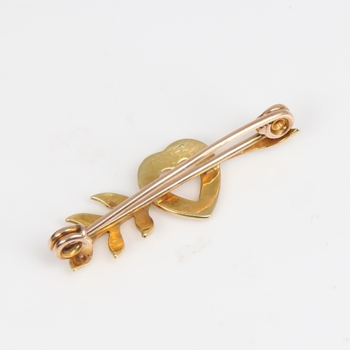 1414 - A Victorian unmarked gold and split-pearl heart and arrow brooch, brooch length 35.7mm, 2.7g