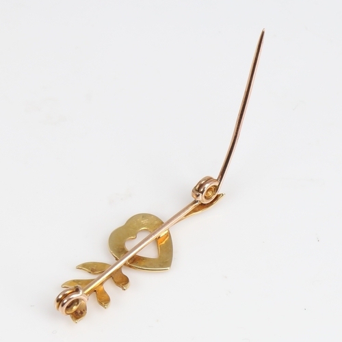 1414 - A Victorian unmarked gold and split-pearl heart and arrow brooch, brooch length 35.7mm, 2.7g