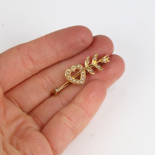 1414 - A Victorian unmarked gold and split-pearl heart and arrow brooch, brooch length 35.7mm, 2.7g