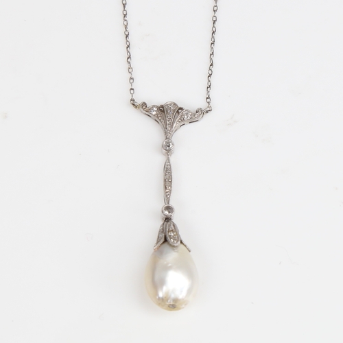 1417 - An Antique natural salt water pearl and diamond pendant necklace, unmarked white metal settings with... 