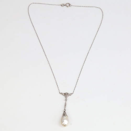 1417 - An Antique natural salt water pearl and diamond pendant necklace, unmarked white metal settings with... 