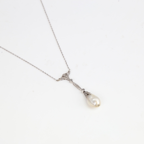 1417 - An Antique natural salt water pearl and diamond pendant necklace, unmarked white metal settings with... 