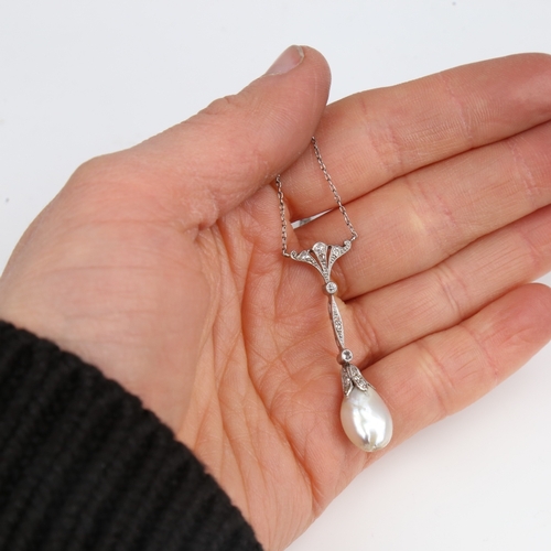 1417 - An Antique natural salt water pearl and diamond pendant necklace, unmarked white metal settings with... 