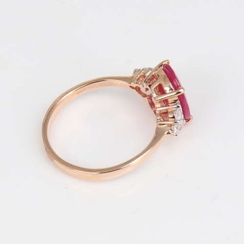 1418 - A modern 14ct rose gold ruby and diamond dress ring, set with oval mixed-cut ruby and round brillian... 