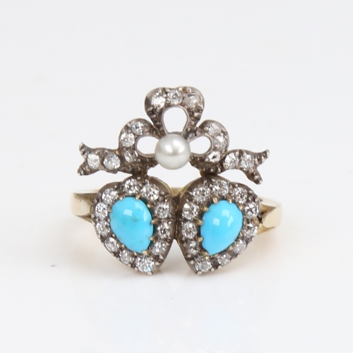 1421 - An Antique unmarked gold turquoise pearl and diamond double-heart ring, set with cabochon turquoise ... 