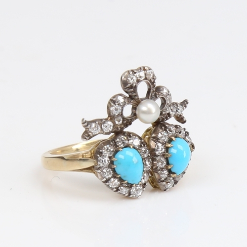 1421 - An Antique unmarked gold turquoise pearl and diamond double-heart ring, set with cabochon turquoise ... 