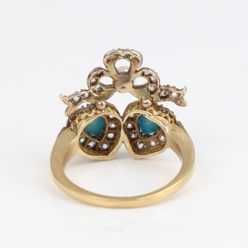 1421 - An Antique unmarked gold turquoise pearl and diamond double-heart ring, set with cabochon turquoise ... 