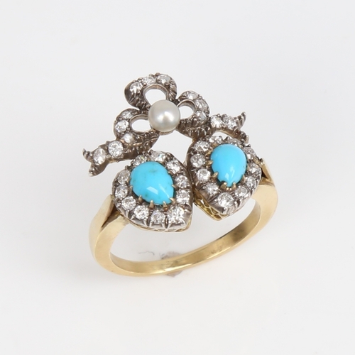 1421 - An Antique unmarked gold turquoise pearl and diamond double-heart ring, set with cabochon turquoise ... 