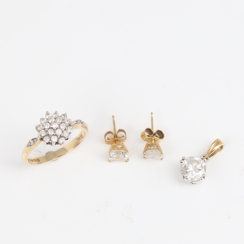 1424 - A 14ct gold cubic zirconia demi-parure, comprising ring, pendant and a pair of stud earrings, ring s... 