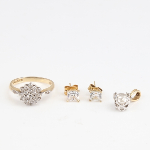 1424 - A 14ct gold cubic zirconia demi-parure, comprising ring, pendant and a pair of stud earrings, ring s... 