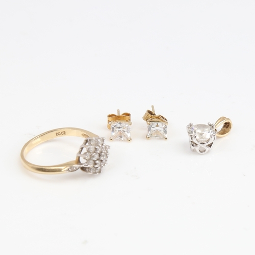 1424 - A 14ct gold cubic zirconia demi-parure, comprising ring, pendant and a pair of stud earrings, ring s... 