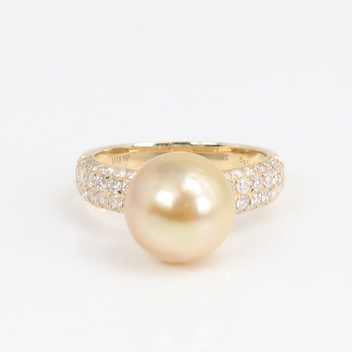 1426 - A modern 14ct gold whole cultured Southsea pearl and diamond dress ring, set with round brilliant-cu... 