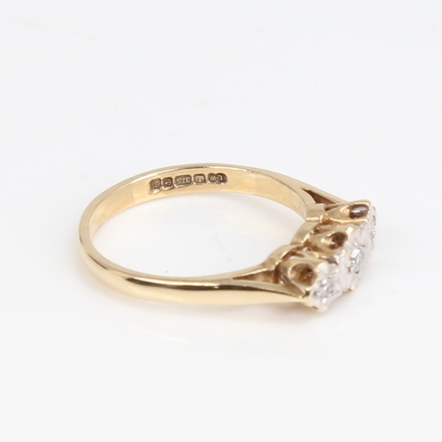 1431 - A late 20th century 9ct gold 3-stone diamond ring set with modern brown brilliant-cut diamonds in il... 