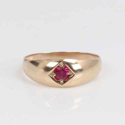 1440 - A modern Continental 14ct gold synthetic ruby gypsy ring, setting height 7.5mm, setting height 7.5mm... 