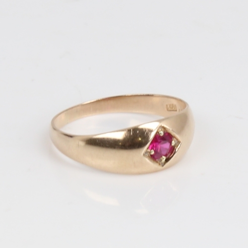 1440 - A modern Continental 14ct gold synthetic ruby gypsy ring, setting height 7.5mm, setting height 7.5mm... 