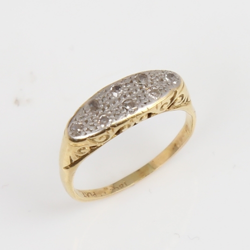 1441 - An Antique 18ct gold diamond half hoop ring, platinum tops set with eight-cut diamonds and engraved ... 