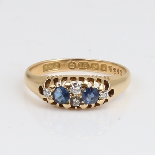 1442 - An early 20th century 18ct gold 6-stone sapphire and diamond half hoop ring, set with old European-c... 