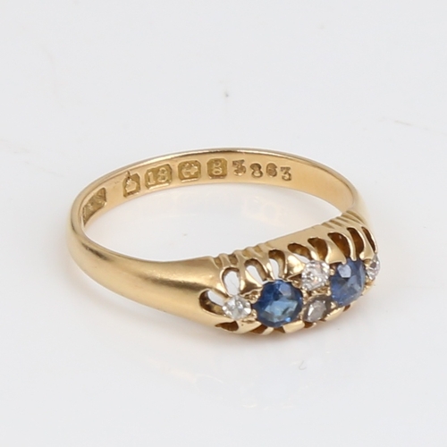 1442 - An early 20th century 18ct gold 6-stone sapphire and diamond half hoop ring, set with old European-c... 