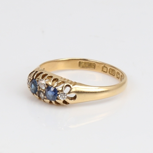 1442 - An early 20th century 18ct gold 6-stone sapphire and diamond half hoop ring, set with old European-c... 