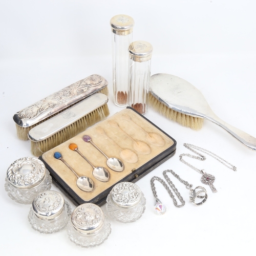 1443 - Various silver, including dressing table brushes, silver-topped jars, coffee spoons etc