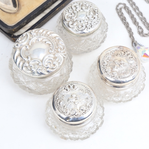 1443 - Various silver, including dressing table brushes, silver-topped jars, coffee spoons etc