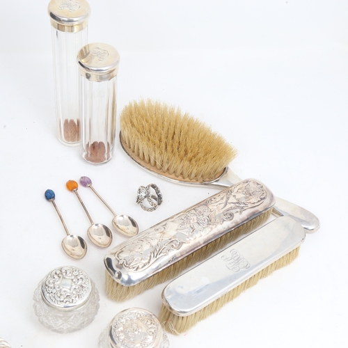 1443 - Various silver, including dressing table brushes, silver-topped jars, coffee spoons etc