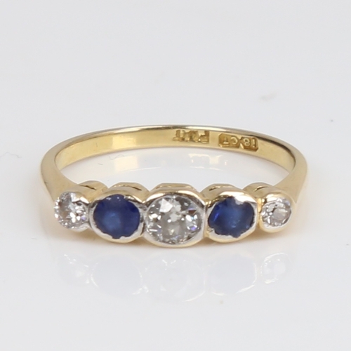 1446 - An early 20th century 18ct gold graduated 5-stone sapphire and diamond ring, platinum tops set with ... 