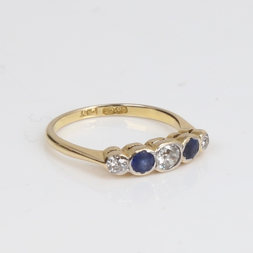 1446 - An early 20th century 18ct gold graduated 5-stone sapphire and diamond ring, platinum tops set with ... 