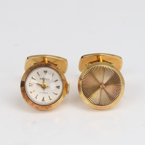 1447 - A Vintage pair of 18ct gold time piece cufflinks, 1 link with repco movement, circular panel diamete... 