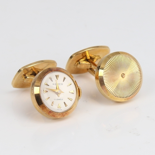 1447 - A Vintage pair of 18ct gold time piece cufflinks, 1 link with repco movement, circular panel diamete... 