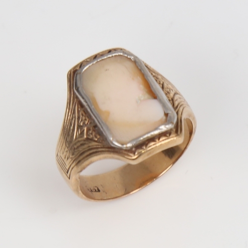 1448 - An Antique 9ct gold relief carved shell cameo ring, depicting female profile, setting height 17.6mm,... 