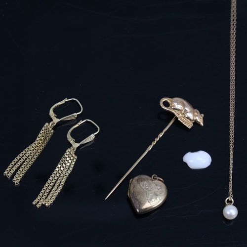 1450 - Various jewellery, including 14ct box link tassel earrings, 4.4g, 9ct trace link chain and stickpin,... 