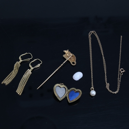 1450 - Various jewellery, including 14ct box link tassel earrings, 4.4g, 9ct trace link chain and stickpin,... 